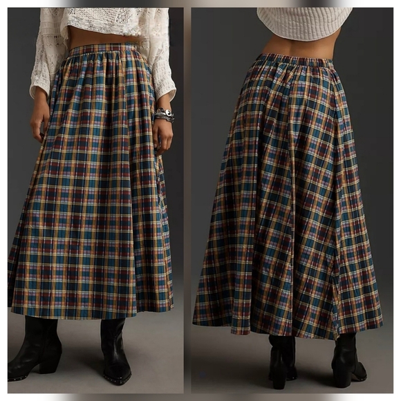 Maeve Dresses & Skirts - Maeve Anthropologie Jacie Multicolor Plaid Cotton A-Line Midi Skirt Pockets
